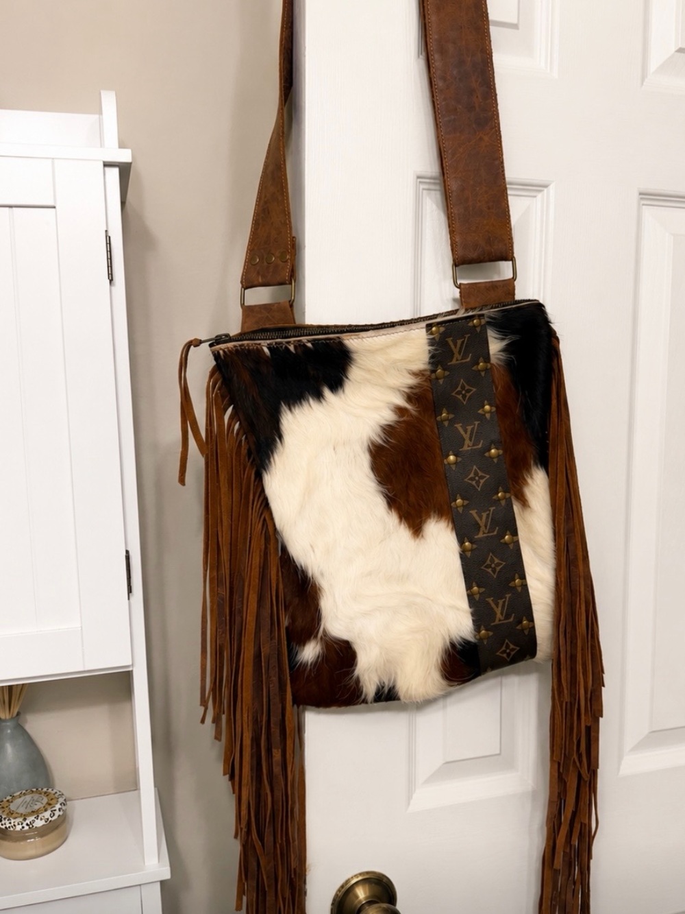Louis Vuitton Brown & White Cowhide Fringe Shoulder Bag with Monogram Strip